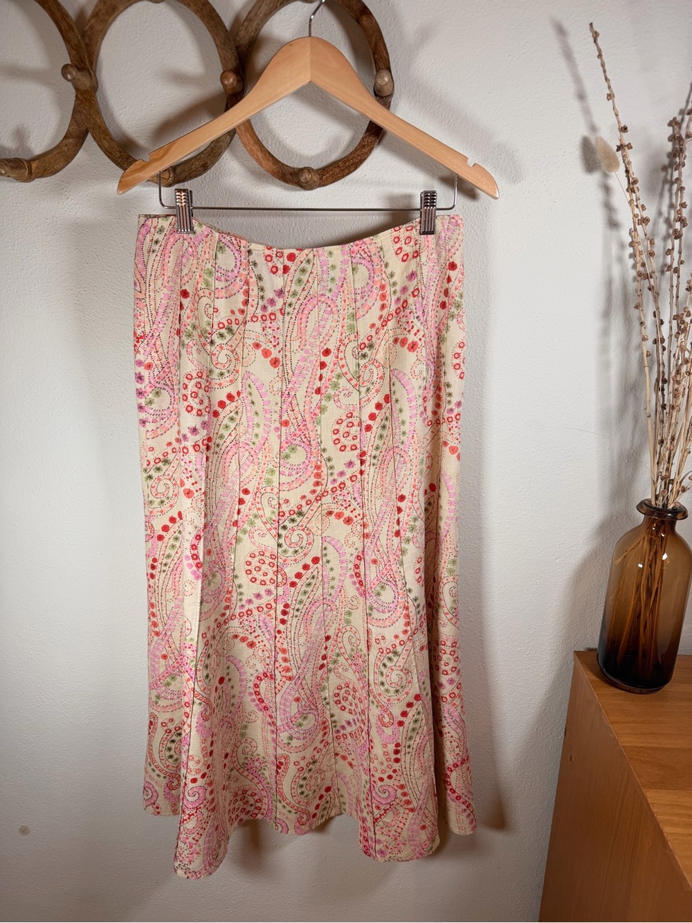 Relativity 100% Linen Paisley A-Line Midi Skirt Pink Size 10